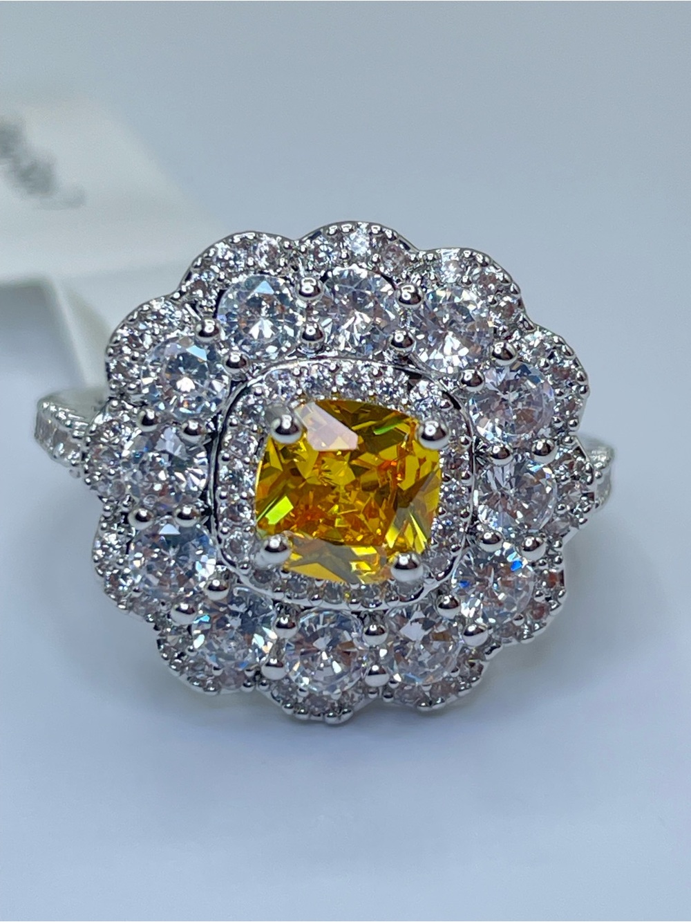 Swarovski Crystal Elements Canary Yellow Crystal Halo Art Deco Ring Sz 7